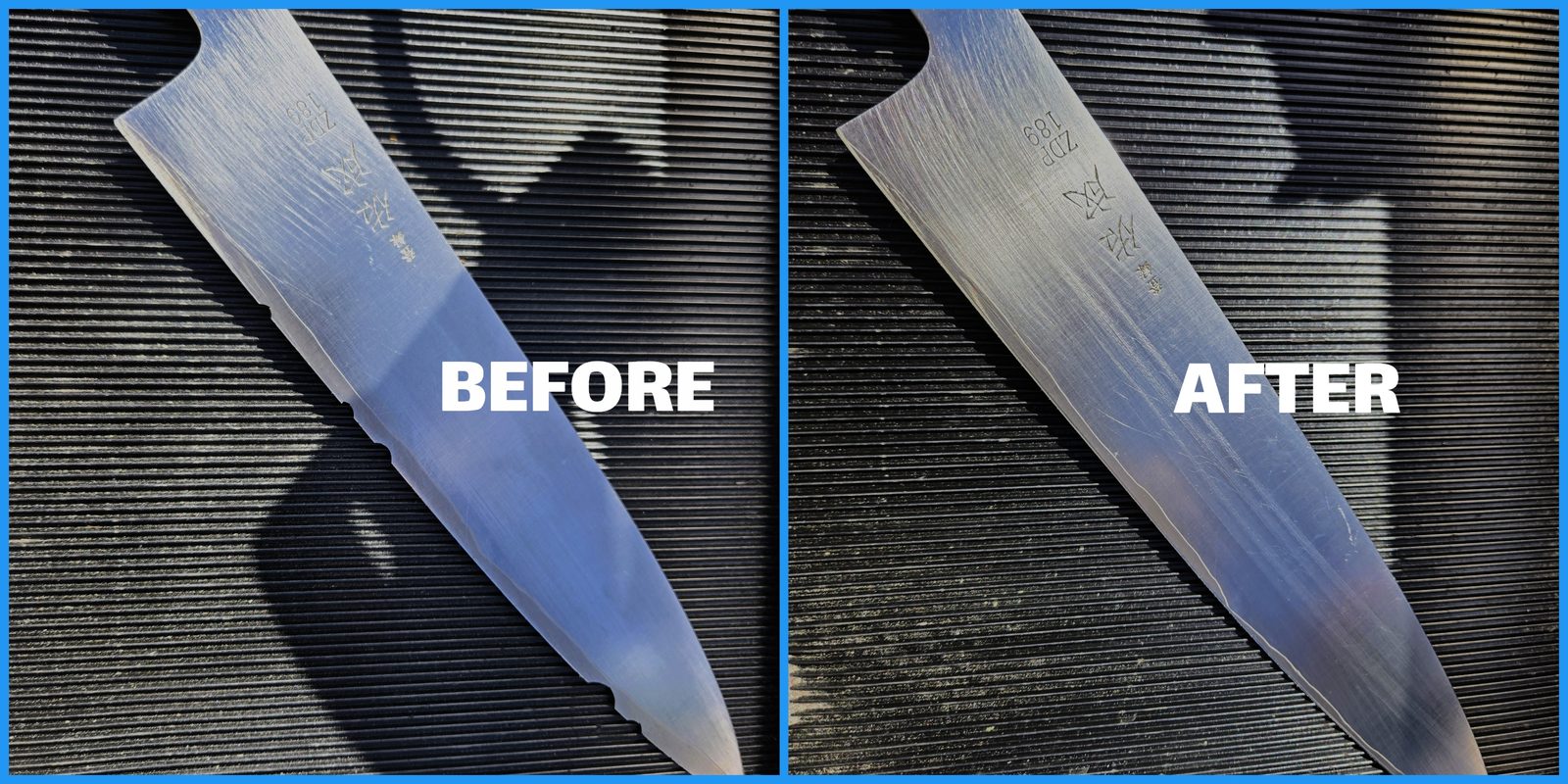 Knife edge before and after Edgeworx mobile sharpening