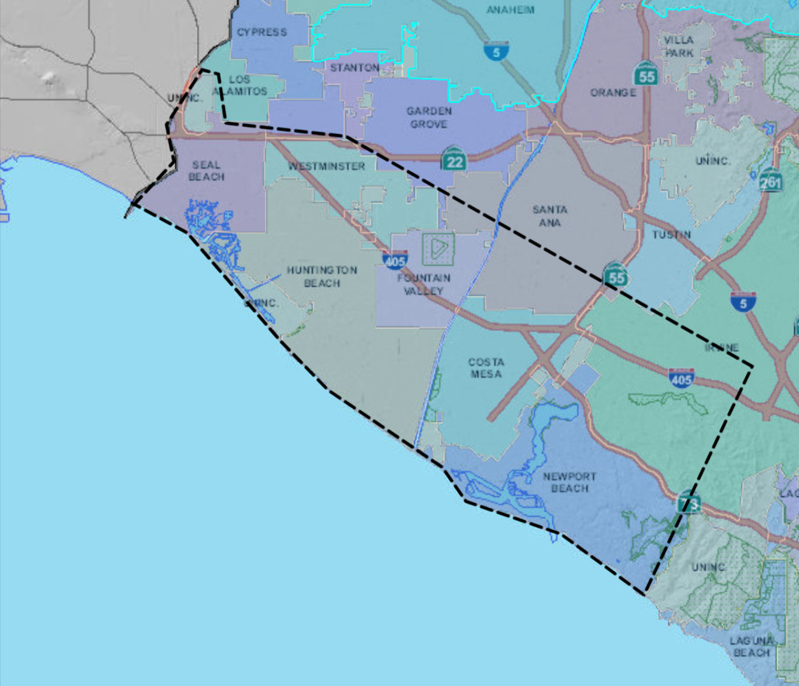 Orange County service area map showing Edgeworx coverage including Huntington Beach, Newport Beach, Seal Beach, Costa Mesa, Fountain Valley, Rossmoor, Westminster, Santa Ana south, and Irvine west